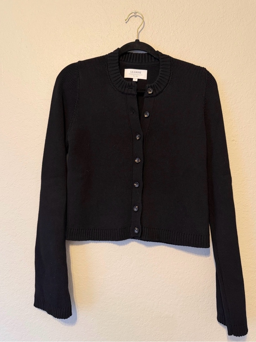 La Ligne Black Organic Cotton Cropped Crewneck Cardigan S Made in Italy